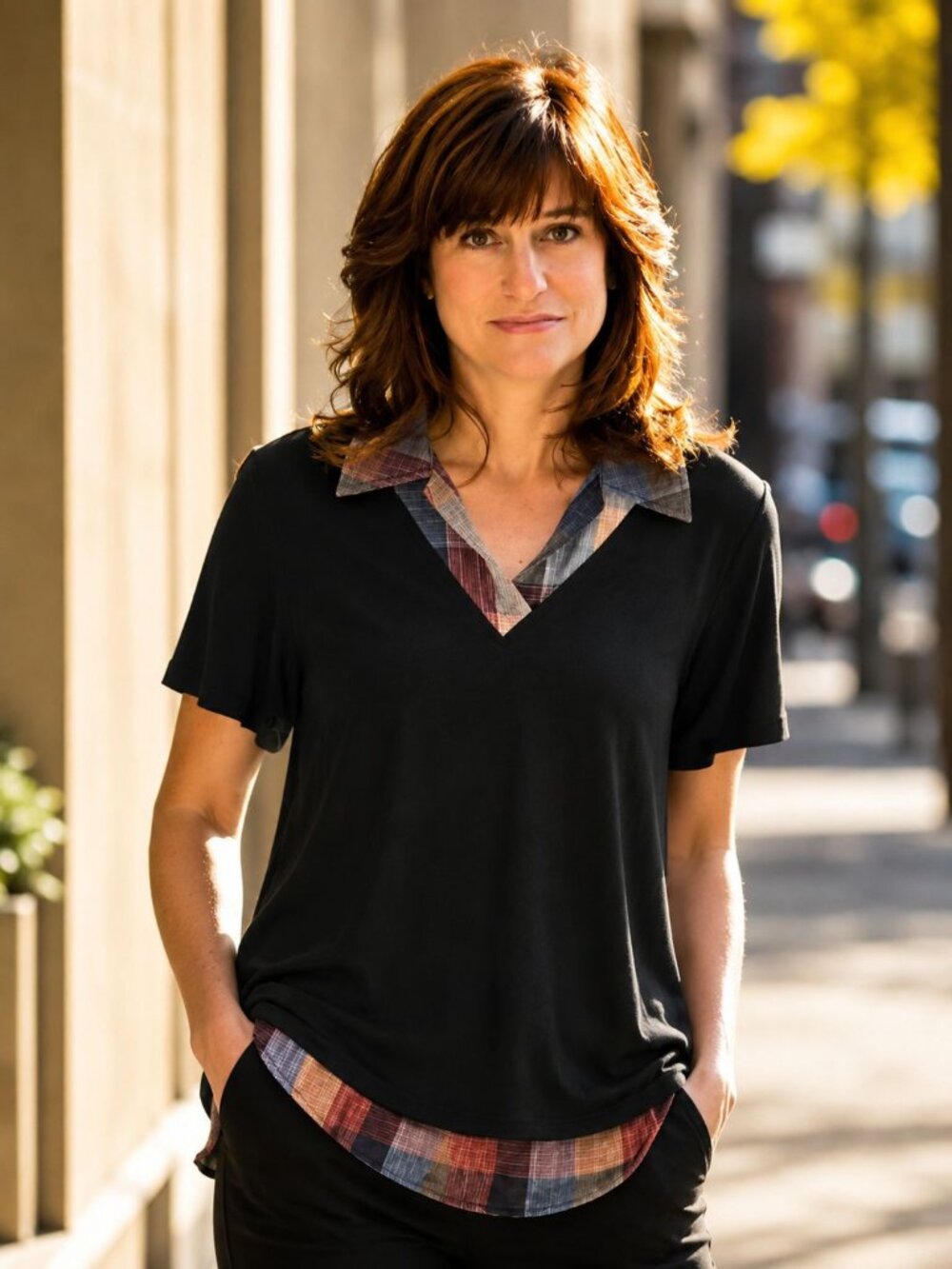 Glorystar Womens Short Sleeve Top XL Black Plaid Trim Casual - Picture 4 of 6